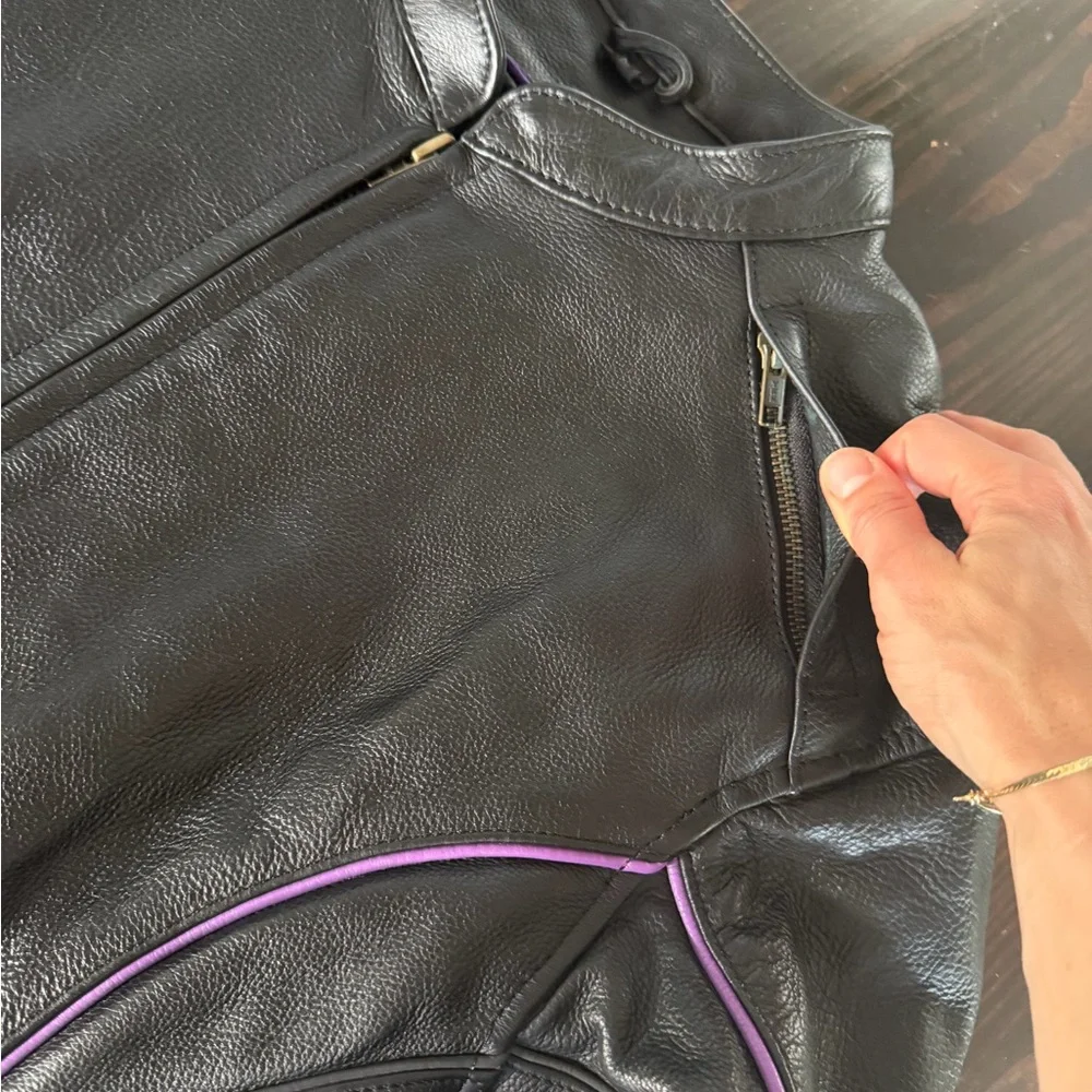 Women's Black Leather Motorcycle Jacket with Purple Embroidered Phoenix